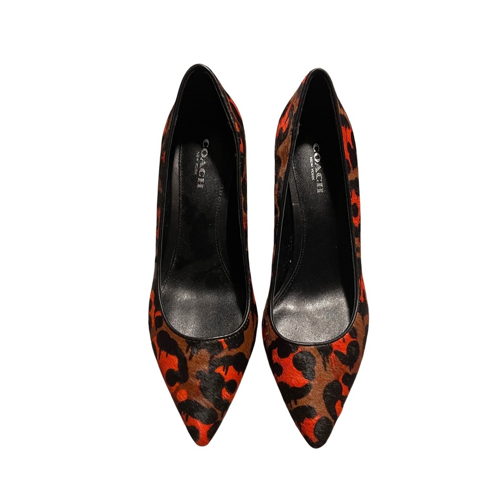 Coach Smith Leopard Print Calf Hair Pumps Womens 6.5 Orange Brown Stiletto Heel - Picture 2 of 8